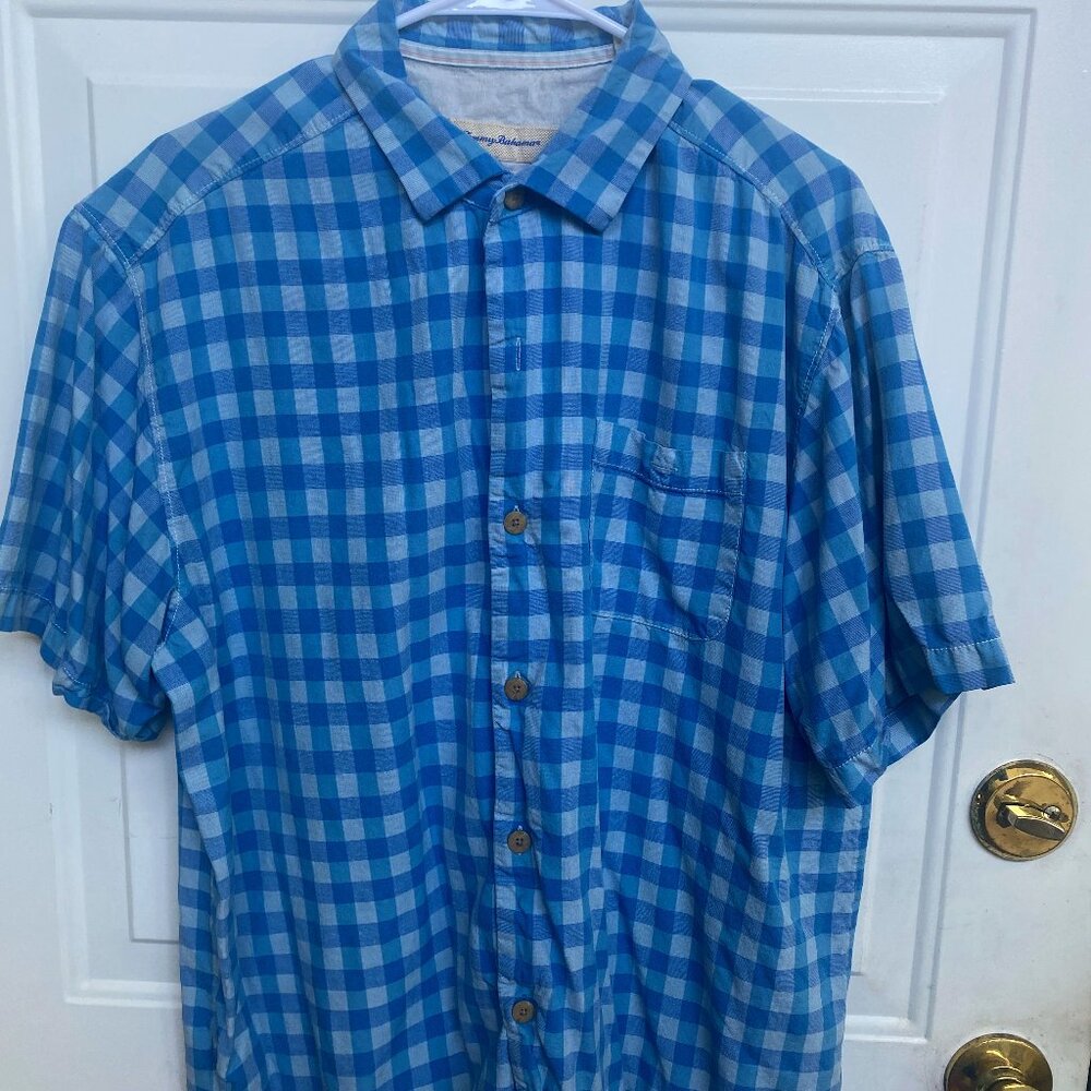 Tommy Bahama Shirt Men’s L Blue Plaid Short Sleeve Button Down Shirt